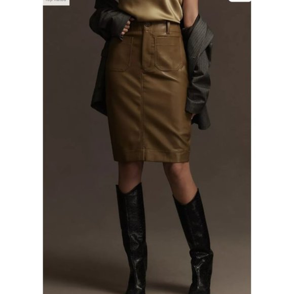 NWT-Anthropologie Maeve The Colette Green Faux Leather Skirt - L - Picture 2 of 5